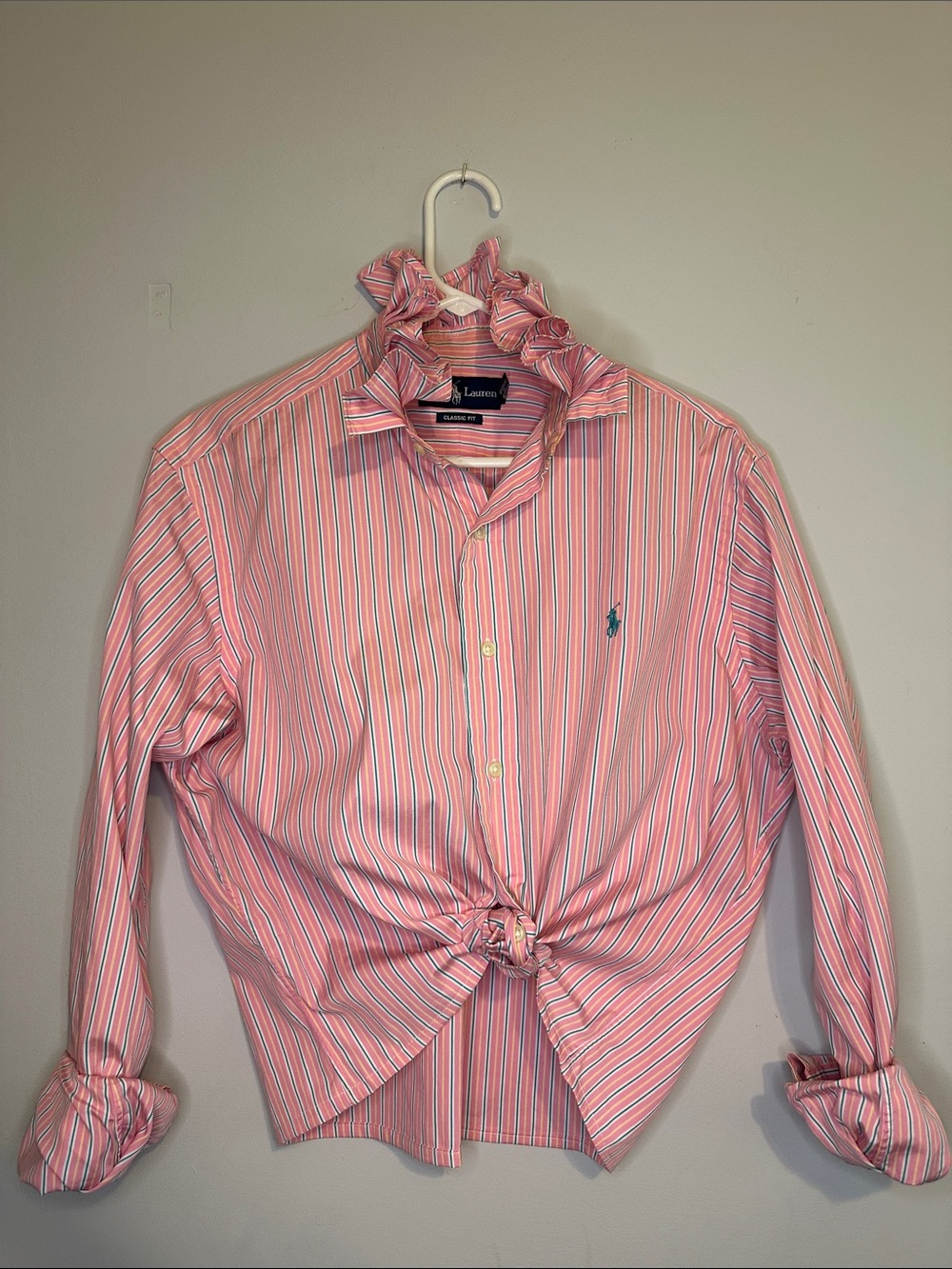 Ralph Lauren Pink and White Multi-Stripe Cotton Ruffled collar Shirt